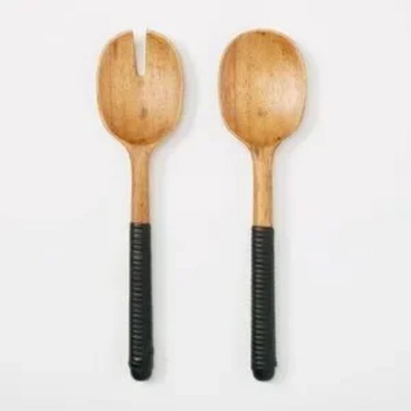 Serving -Utensil 2 Piece Spoon Fork Rubberwood Rattan Threshold Studio McGee New - Picture 1 of 6